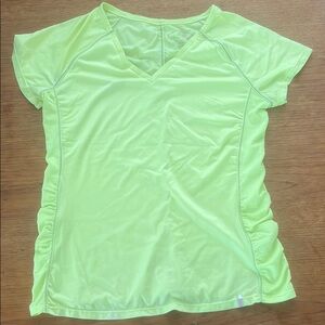Tangerine Neon Yellow Fitted V-Neck Short Sleeve Tee with grey stitching.